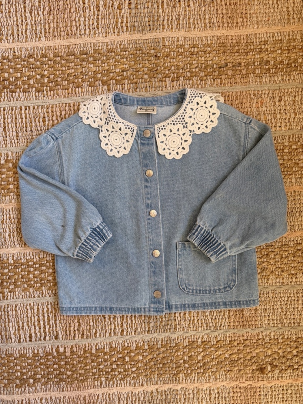 Light Blue Denim Kids Jacket with White Crochet Collar